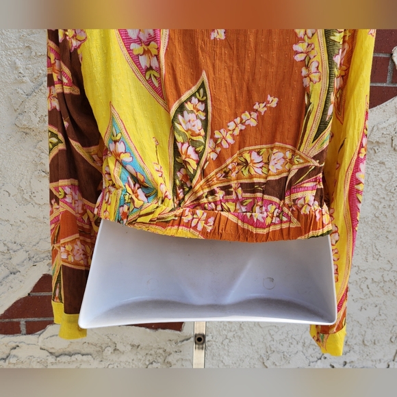MEDIUM HAUTE HIPPIE faux wrap yellow floral boho collar crop shirt pullover - Picture 14 of 16